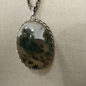 Vtg 1970s Oval Pendant Cabochon Necklace Grey Green Clear Agate? Large Groovy